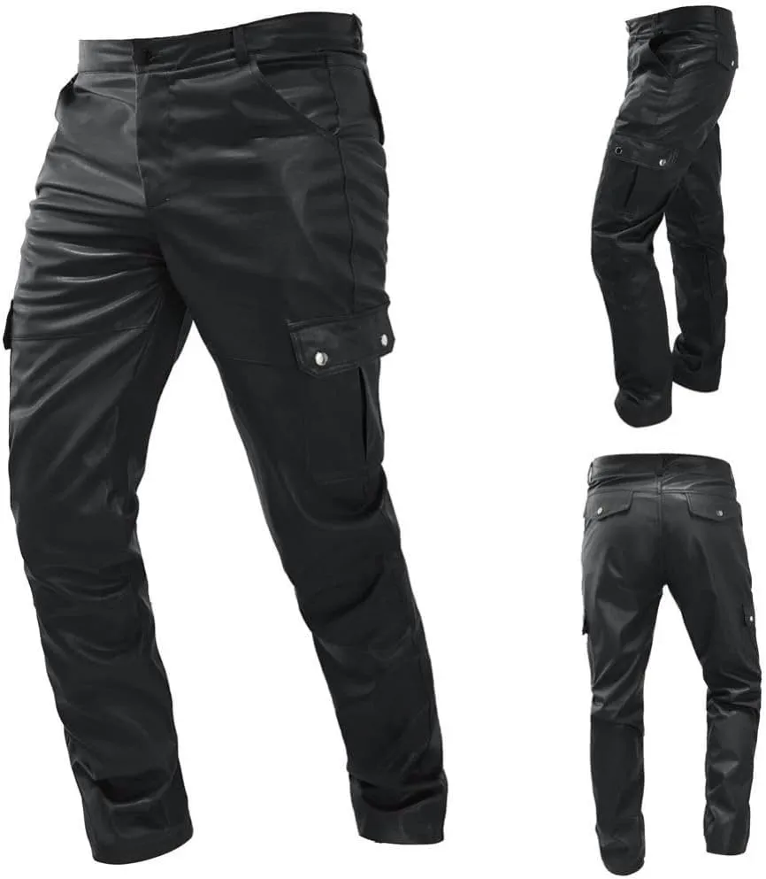 Faux Leather Multi-Pocket Pants Motorcycle Rider Pants Stylish Hip Hop Trousers