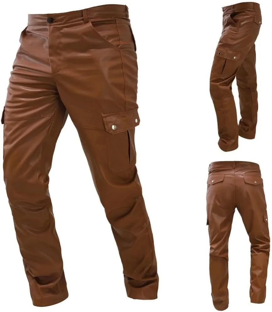 Faux Leather Multi-Pocket Pants Motorcycle Rider Pants Stylish Hip Hop Trousers