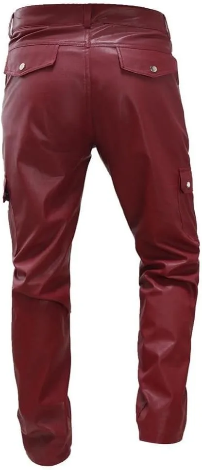 Faux Leather Multi-Pocket Pants Motorcycle Rider Pants Stylish Hip Hop Trousers