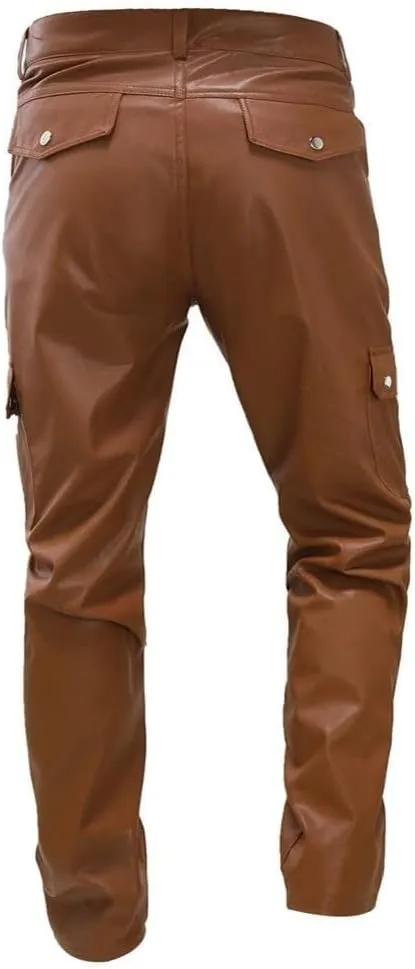 Faux Leather Multi-Pocket Pants Motorcycle Rider Pants Stylish Hip Hop Trousers