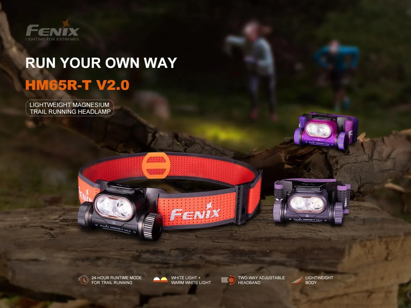 Fenix HM65R-T V2.0 Running Headlamp, 1600 Lumen White Light and Warm White Dual Beams, USB-C Rechargeable, Lightweight Long Runtime for Trail Running, with Organizer (Dark Purple)