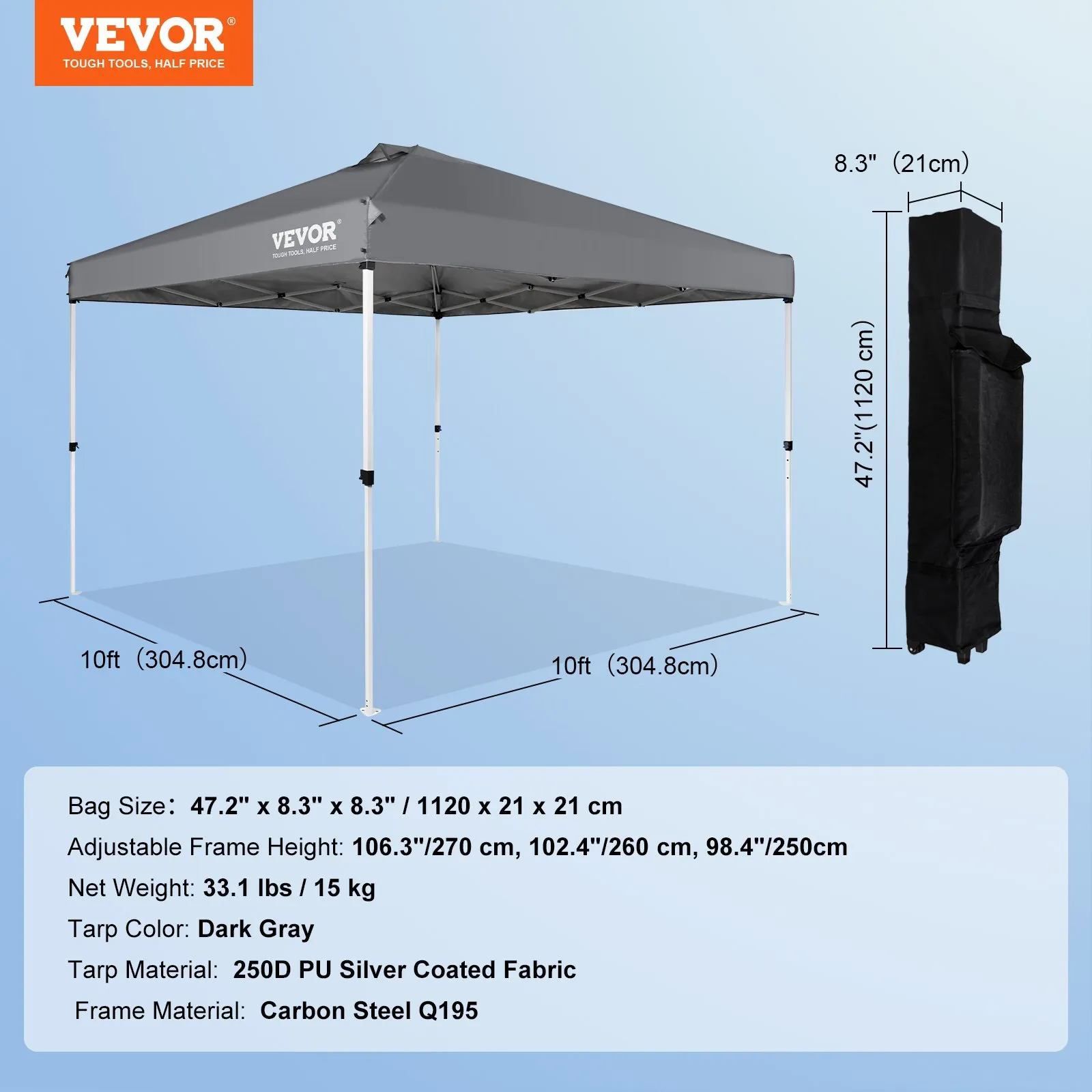 (FINAL PRICES ARE LOWER ON OUR SITE!) VEVOR Pop Up Canopy Tent, 10 x 10 ft, 250 D PU Silver Coated Tarp, with Portable Roller Bag and 4 Sandbags, Waterproof and Sun Shelter Gazebo for Outdoor Party, Camping, Commercial Events, Dark Gray