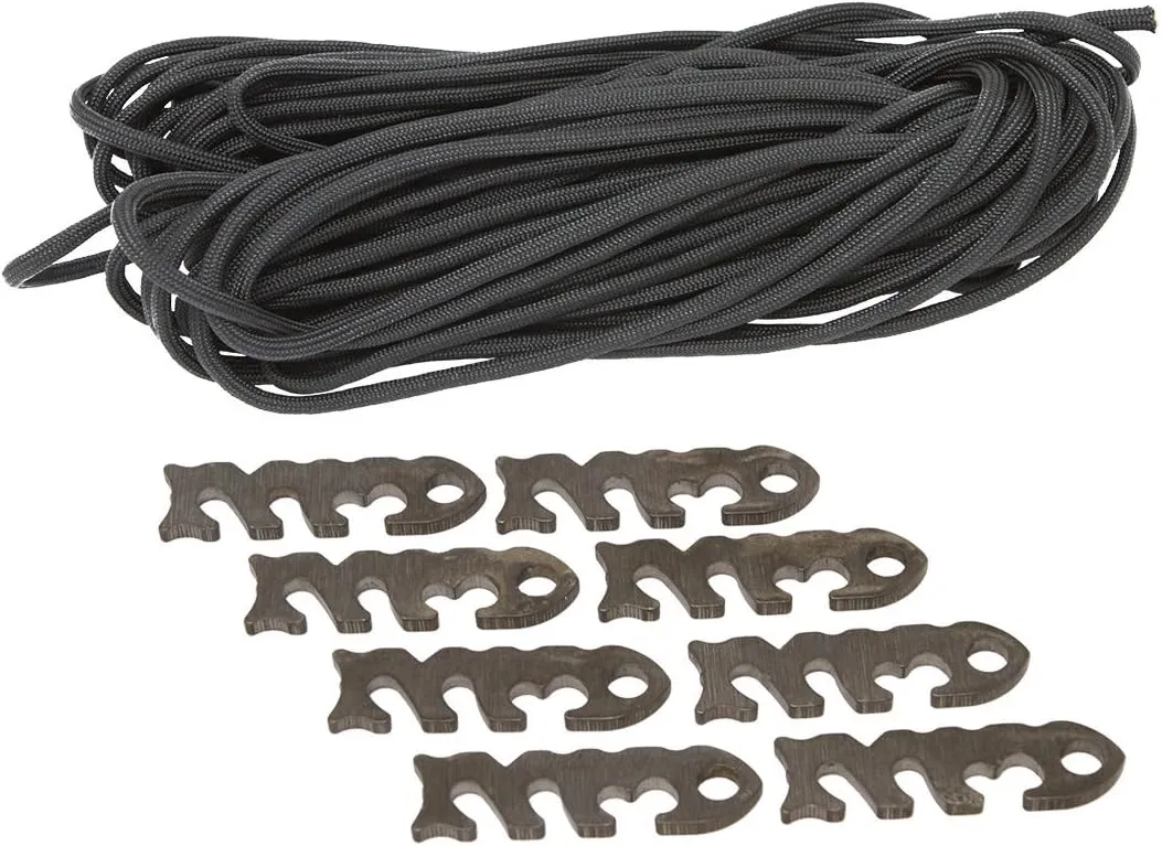 Fish Bone Knotless Rope Tie - Outdoor Guy Line Cord with Rope Tensioner - Lightweight Camping Tie Gear with Nylon Paracord - Aluminum, Stainless Steel and Titanium Rope Adjustor with Paracord 550lb