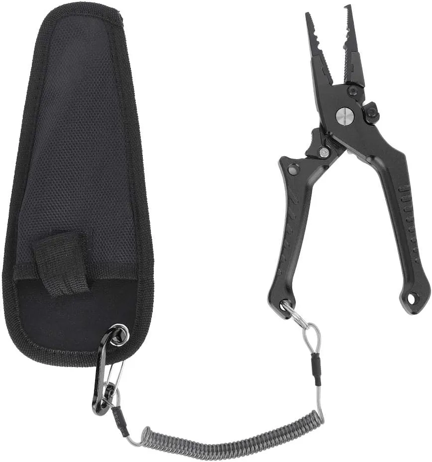 Fishing Pliers, Aluminum Alloy Lure Self Locking Fishing Hook Remover Fish Controller Tong Set with Storage Bag for Outdoor Fishing