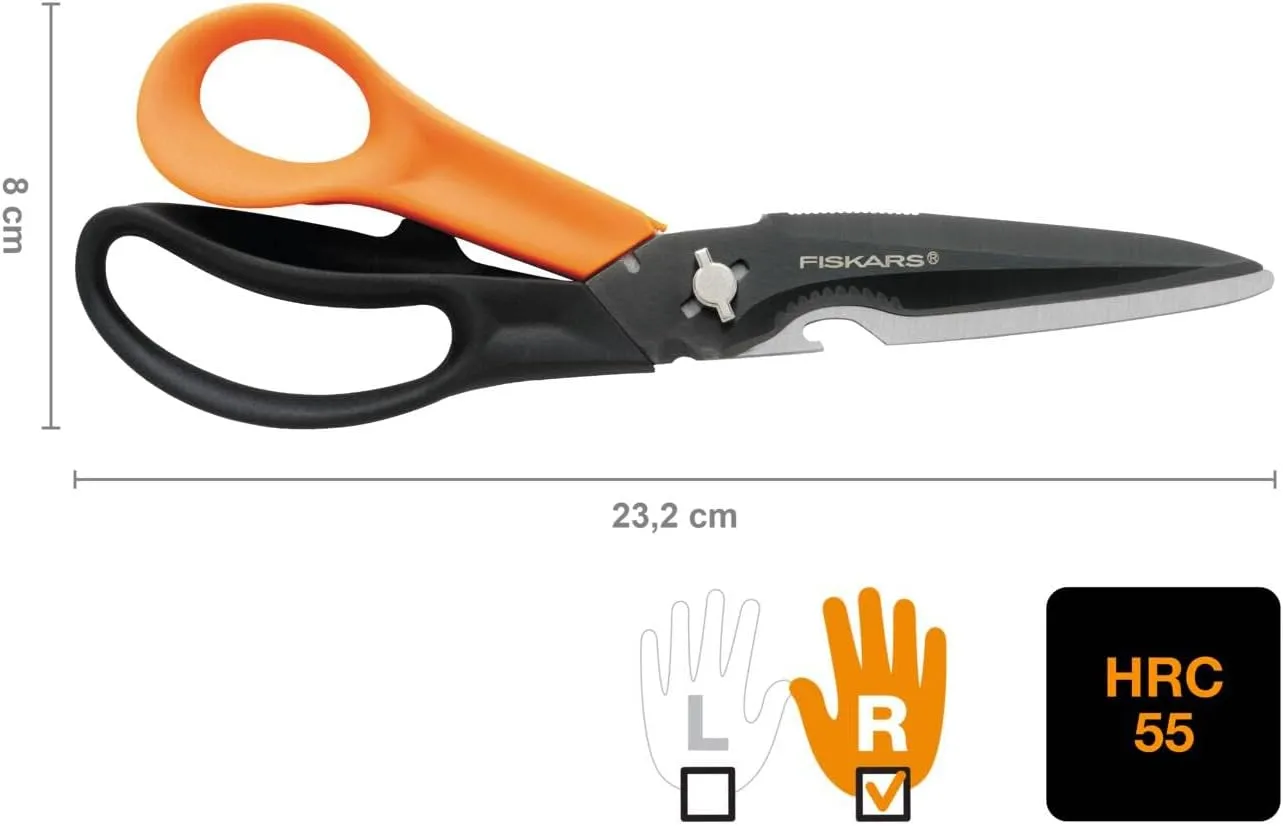 Fiskars Cuts   More Multi-tool Scissors, Includes Protective Case With Scissor Sharpener, Length: 23 cm, Titanium Coating, Stainless Steel Blade/Plastic Handles, Black/Orange, 1000809