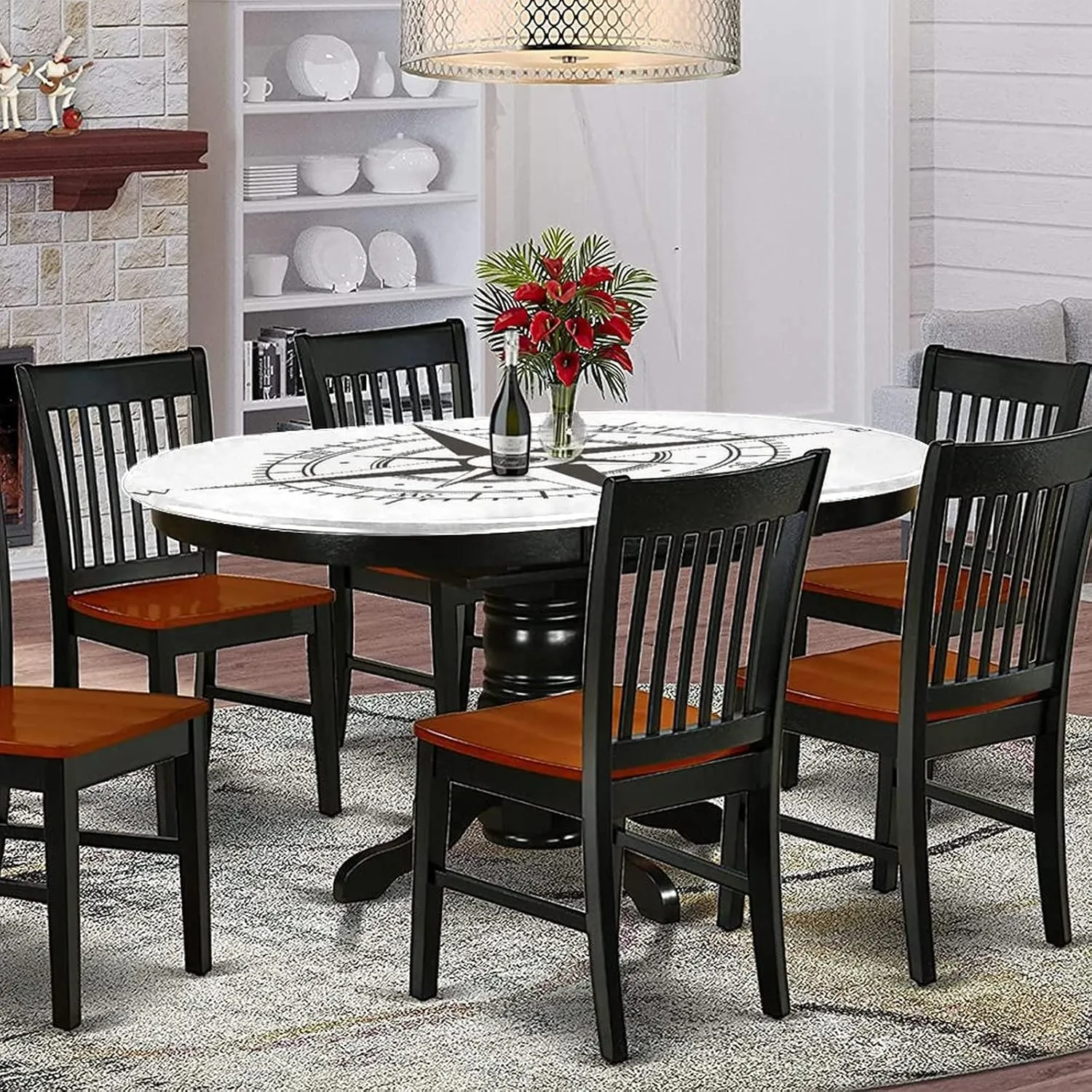 Fitted Oval Tablecloth, Compass Elasticized Polyester Table Cover,Wind Rose Old Fashion Navigational Equipments Print Fitted Table Cloth, Fits Oval Tables up to 42" x 60", for Kitchen Indoor Dining