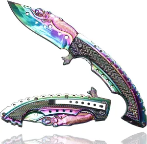 Folding Pocket Knife - Mermaid Multi-Function Tools - Spring Assisted Opening Utility Knife - Multi Color Rainbow