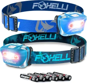 Foxelli LED Headlamp Bundle of 2 - Blue & Forest: Waterproof, White & Red Light, Comfortable Band, 3 AAA Batteries Included