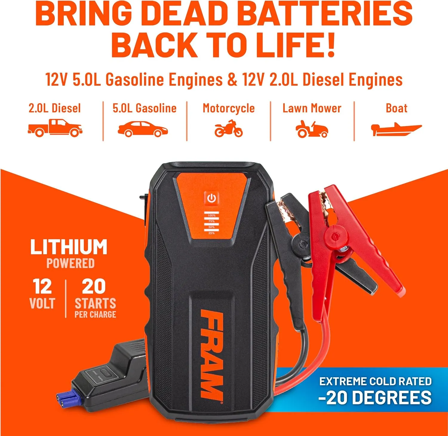 FRAM FEK40008 Car Battery Jump Starter 13000mAh (44.4Wh) Up to 5.0L Gas and 2.0L Diesel Engines, 12V Emergency Car Booster with Jumper Cables, Portable Power Bank and LED Flashlight