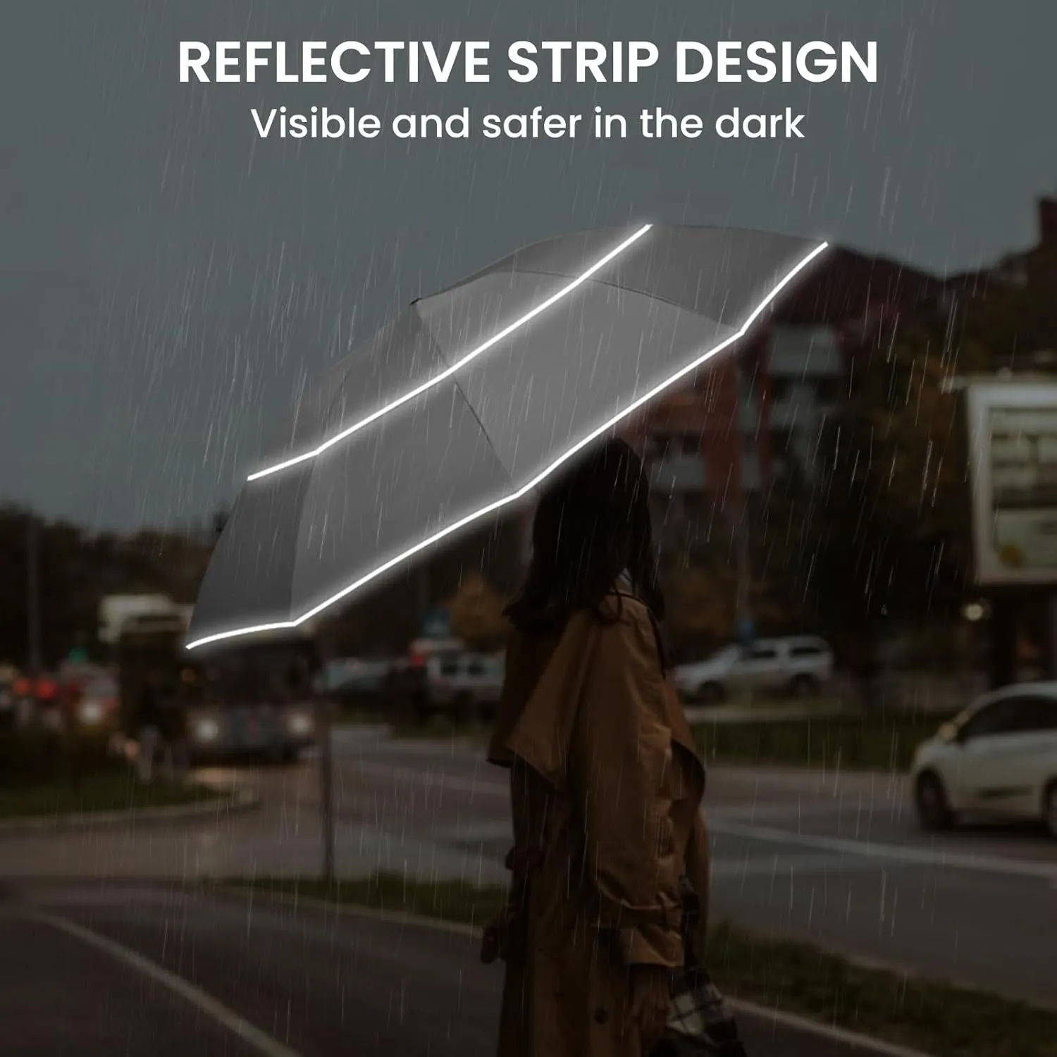 G4Free 54/62 Inch Windproof Inverted Umbrella with Reflective Stripe Large Compact Reverse Golf Umbrella for Rain 10 Ribs Double Canopy Travel Umbrella Automatic Open Close