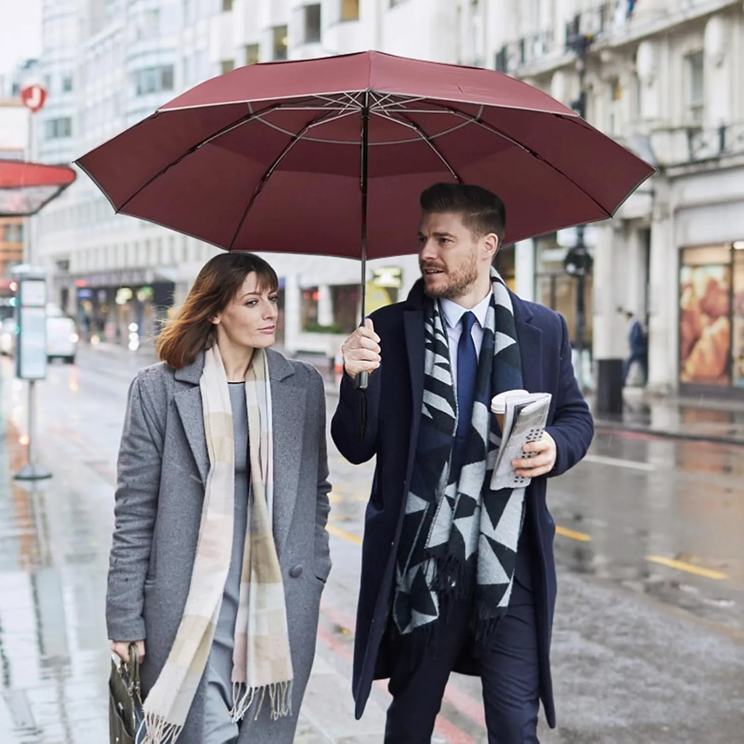 G4Free 54/62 Inch Windproof Inverted Umbrella with Reflective Stripe Large Compact Reverse Golf Umbrella for Rain 10 Ribs Double Canopy Travel Umbrella Automatic Open Close