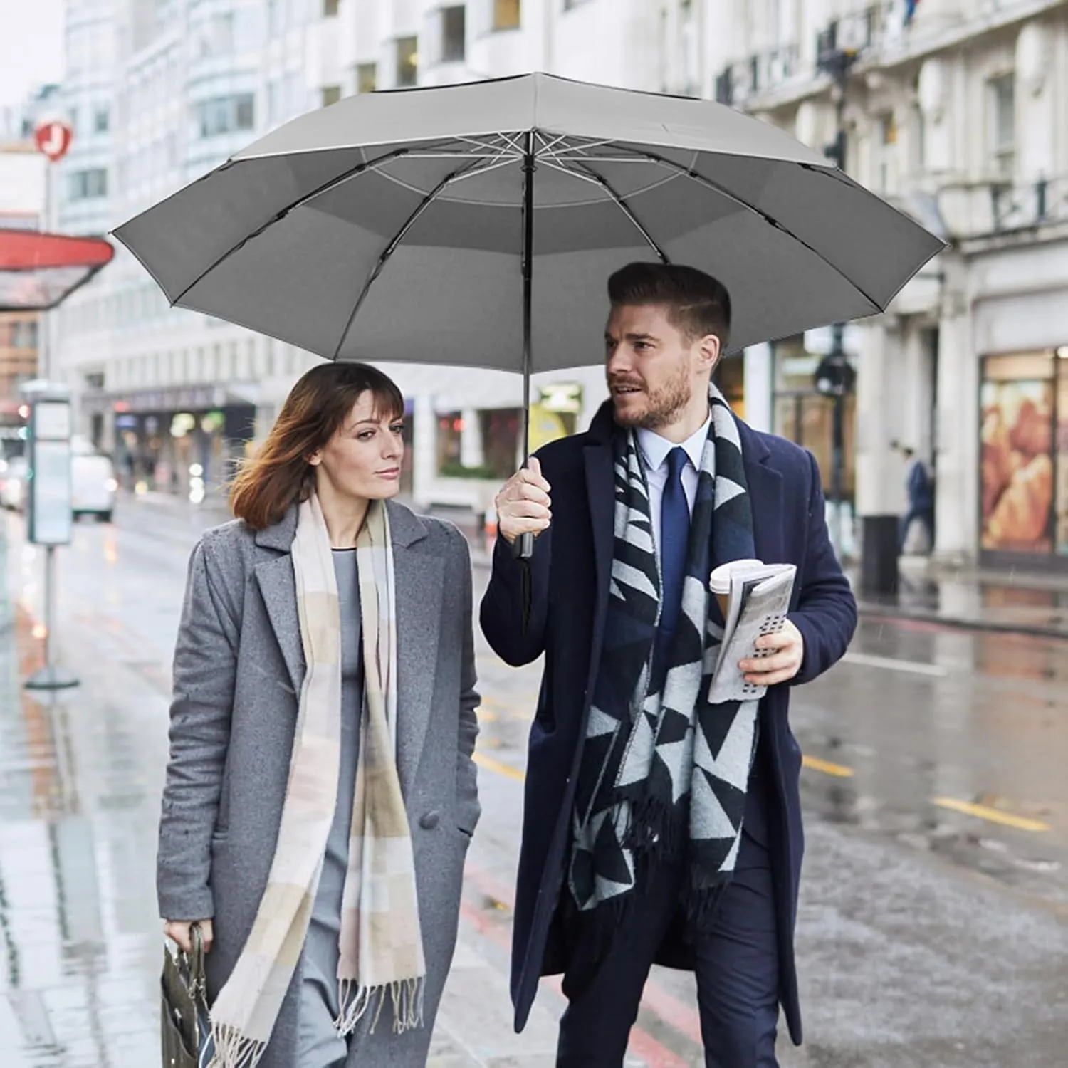 G4Free 54/62 Inch Windproof Inverted Umbrella with Reflective Stripe Large Compact Reverse Golf Umbrella for Rain 10 Ribs Double Canopy Travel Umbrella Automatic Open Close