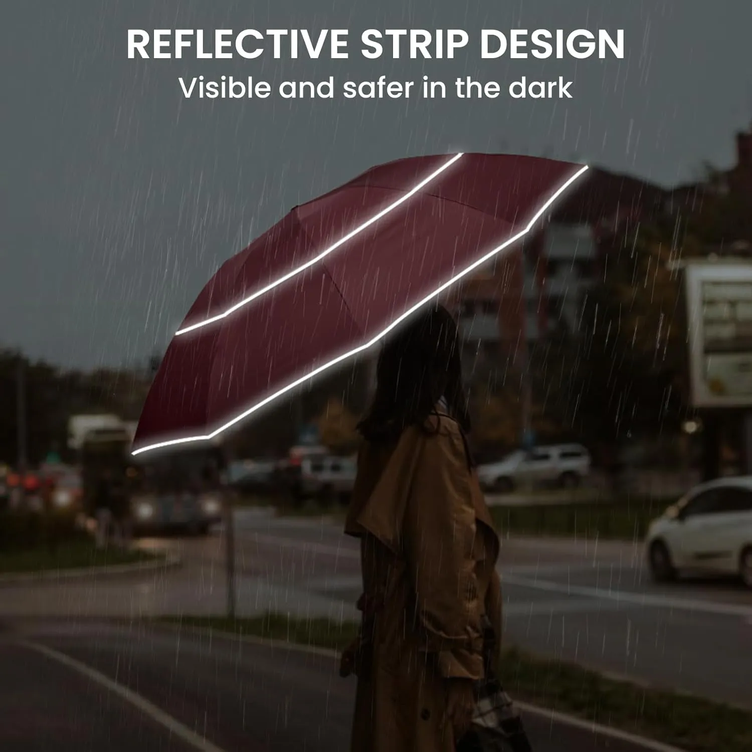 G4Free 54/62 Inch Windproof Inverted Umbrella with Reflective Stripe Large Compact Reverse Golf Umbrella for Rain 10 Ribs Double Canopy Travel Umbrella Automatic Open Close