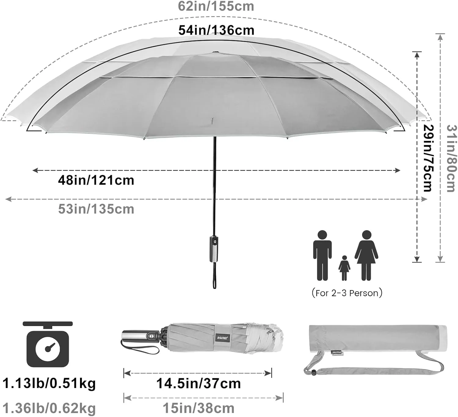 G4Free 54/62 Inch Windproof Inverted Umbrella with Reflective Stripe Large Compact Reverse Golf Umbrella for Rain 10 Ribs Double Canopy Travel Umbrella Automatic Open Close