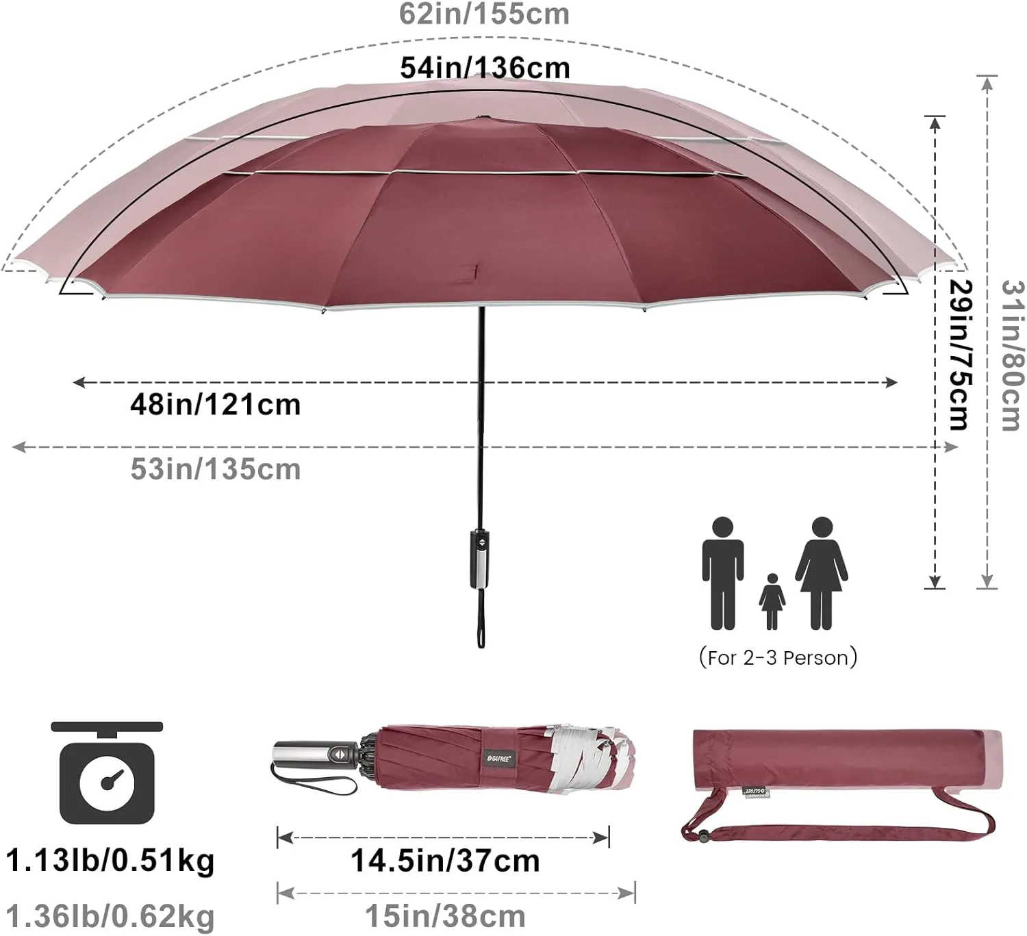 G4Free 54/62 Inch Windproof Inverted Umbrella with Reflective Stripe Large Compact Reverse Golf Umbrella for Rain 10 Ribs Double Canopy Travel Umbrella Automatic Open Close