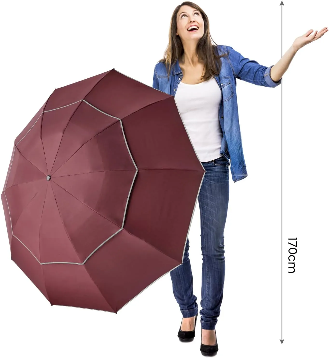 G4Free 54/62 Inch Windproof Inverted Umbrella with Reflective Stripe Large Compact Reverse Golf Umbrella for Rain 10 Ribs Double Canopy Travel Umbrella Automatic Open Close