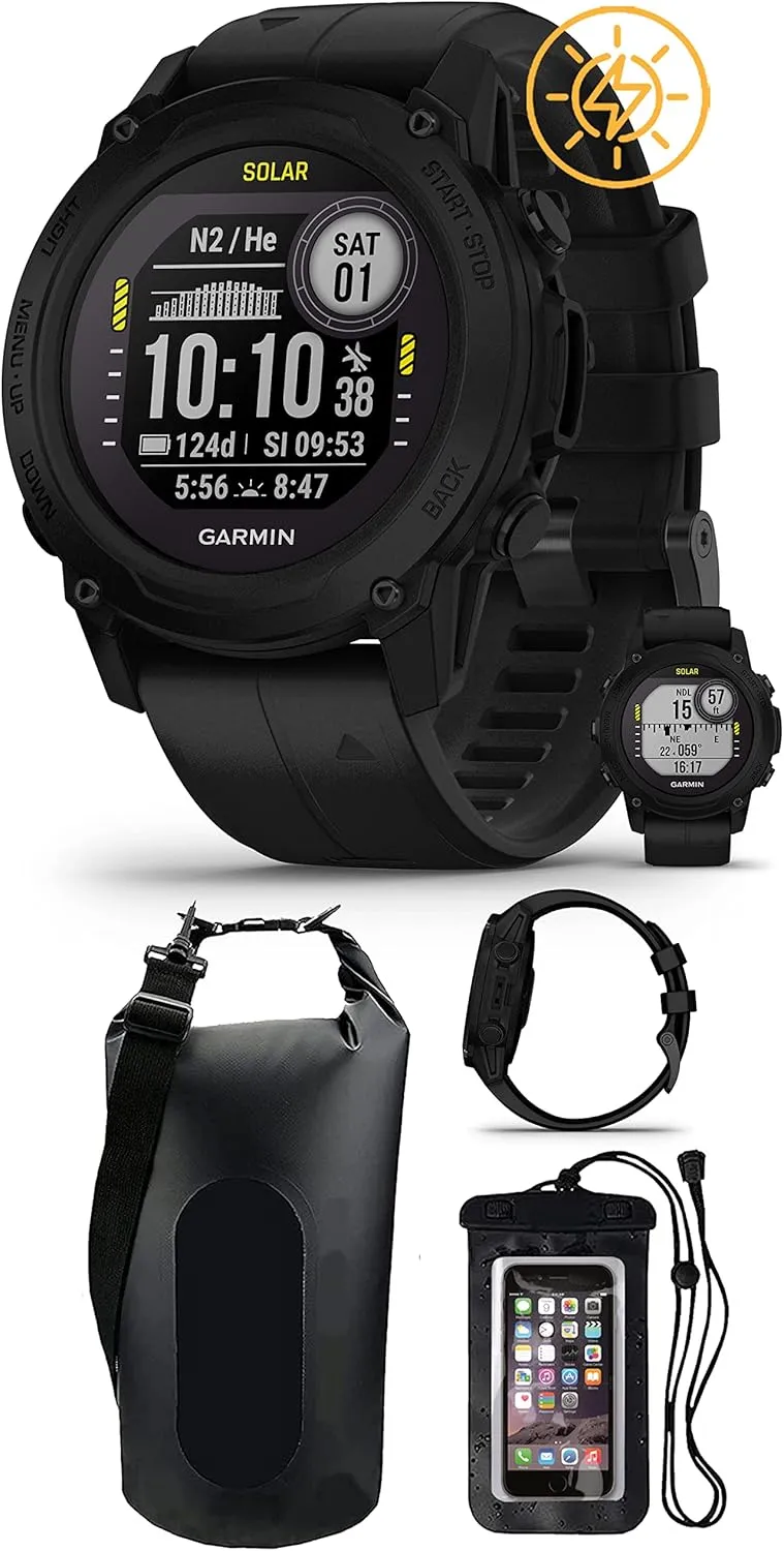 Garmin Descent G1 Solar (Black) Dive Computer Watch Diver's Bundle - GPS Diving Watch with Compass & Depth Sensor, Surface & Exit - Includes Waterproof Dry Bag & Cell Phone Pouch