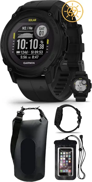 Garmin Descent G1 Solar (Black) Dive Computer Watch Diver's Bundle - GPS Diving Watch with Compass & Depth Sensor, Surface & Exit - Includes Waterproof Dry Bag & Cell Phone Pouch