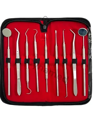 German Dental Scaler Pick Set of 9PCS Dental Hygiene- Dental Mirror, Pliers, Scraper, Probe, ETC (CYNAMED)