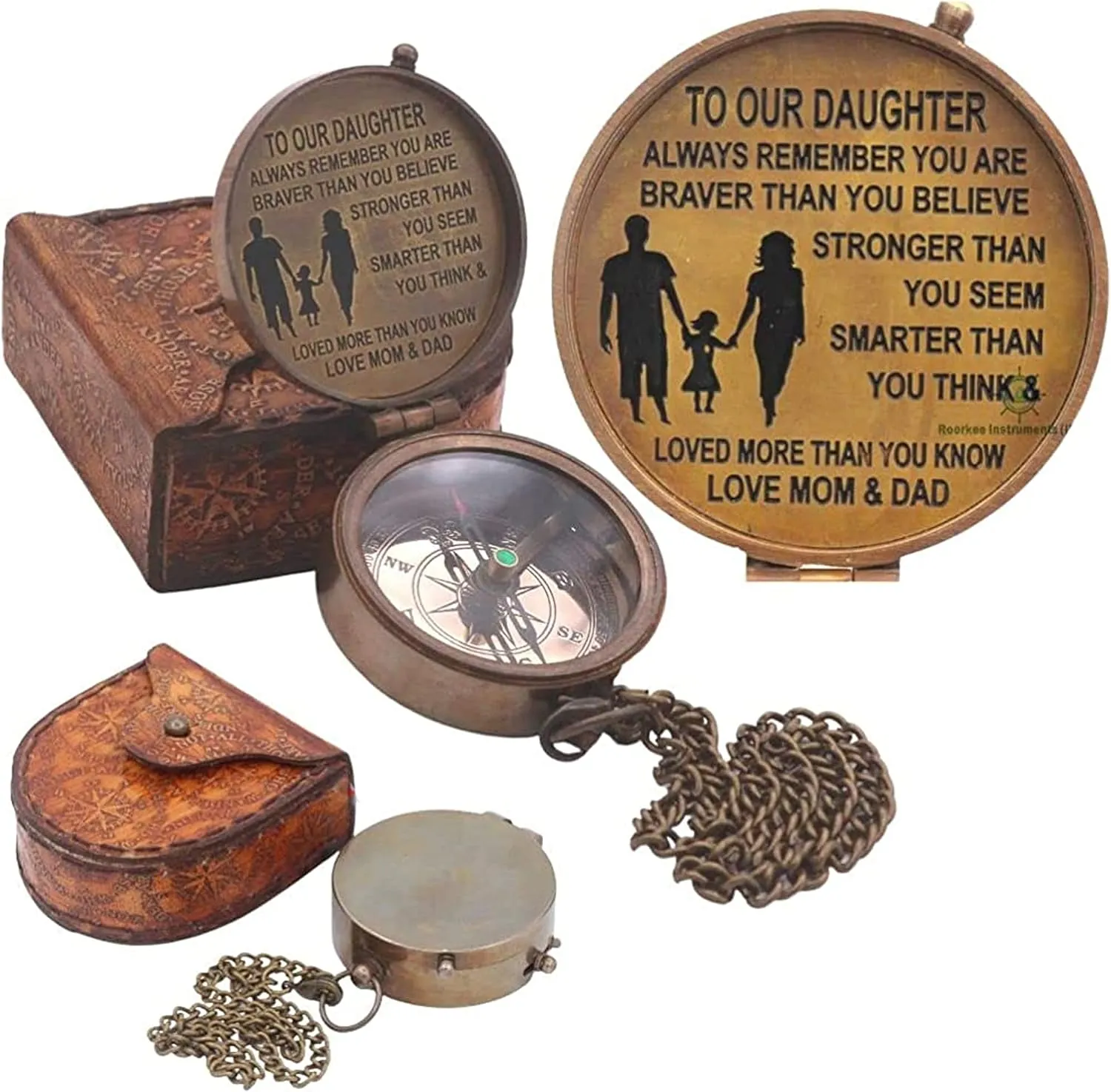 Gift to Daughter by Mom/Dad Engraved Brass Compass, Handmade Compass for Travelling, Hiking, Gifting Compass for Wedding, Birthday, Graduation Day Gift with Leather Storage case by DOLLOND LONDON1920
