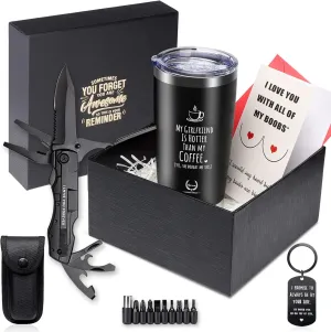Gifts for Boyfriend - 5-in-1 Survival Gift Box with Insulated Tumbler, Multi-Tool Pocket Knife, Keychain & Greeting Card - Valentine's Day, Birthday, Anniversary Presents for Him