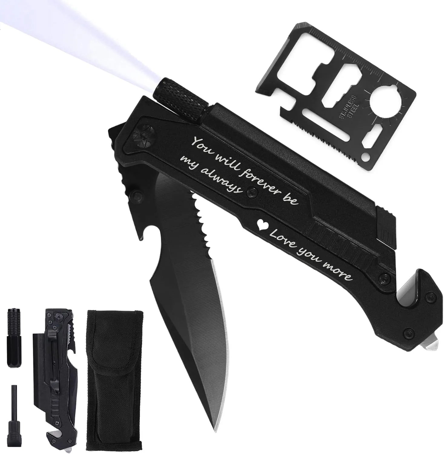 Gifts for Men Husband Him, Engraved Pocket Knife, Valentinens Day Anniversary Birthday Gifts for Him Boyfriend Husband, 7 in 1 Multi-Function Folding Knives with Fire Starter LED Light