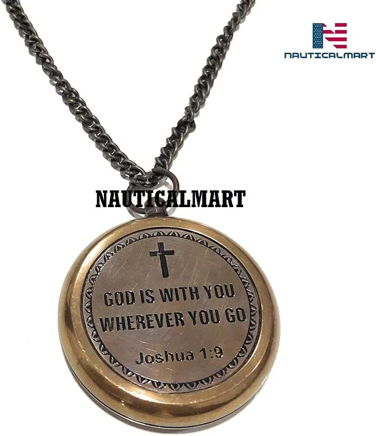 God is with You Wherever You Go Antique Nautical Vintage Directional Magnetic Compass with Famous Scripture Quote Engraved Baptism
