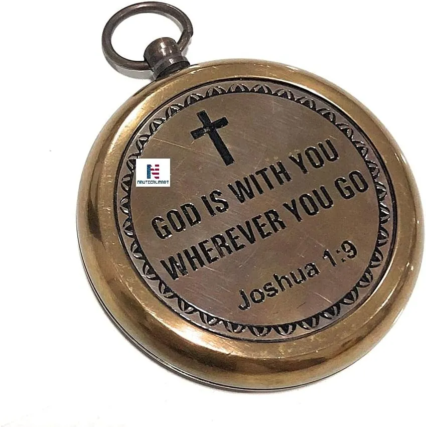 God is with You Wherever You Go Antique Nautical Vintage Directional Magnetic Compass with Famous Scripture Quote Engraved Baptism