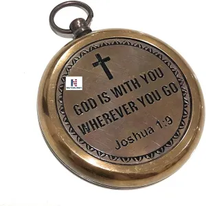God is with You Wherever You Go Antique Nautical Vintage Directional Magnetic Compass with Famous Scripture Quote Engraved Baptism