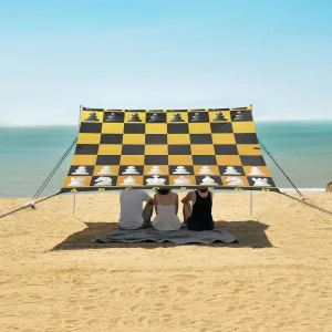 Golden Chess Board Beach Camping Tent Sun Shelter for Whole Family, Chess Figures Set Beach Shade Canopy with UPF50  UV Protection,Easy Set Up and Carry,Outdoor Shade for Trips, Fishing, Backyar