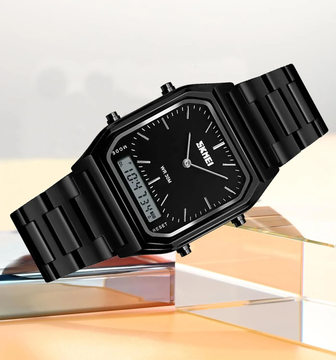 Gosasa Women Men Square Multifunction Stopwatch Dual Display Wristwatches Stainless Steel Strap Analog Sports Watches