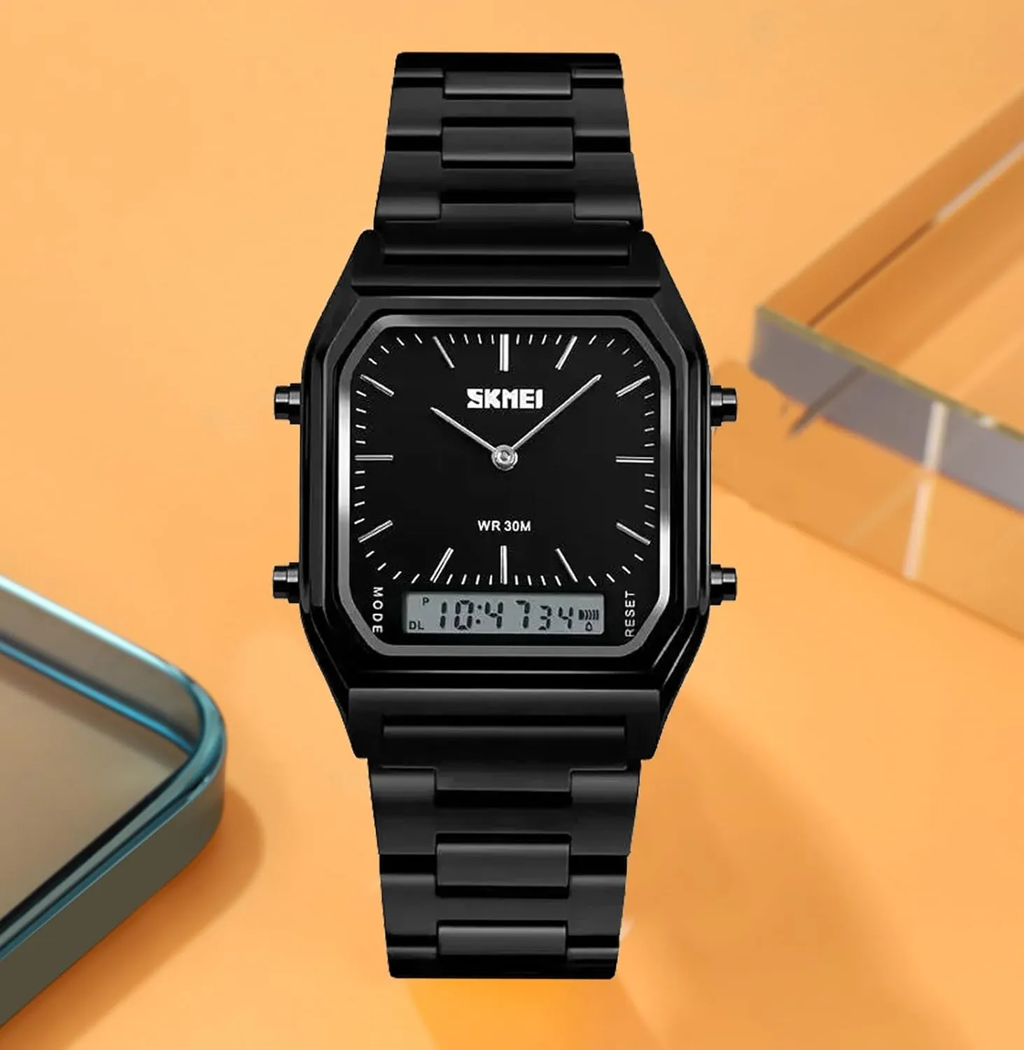 Gosasa Women Men Square Multifunction Stopwatch Dual Display Wristwatches Stainless Steel Strap Analog Sports Watches