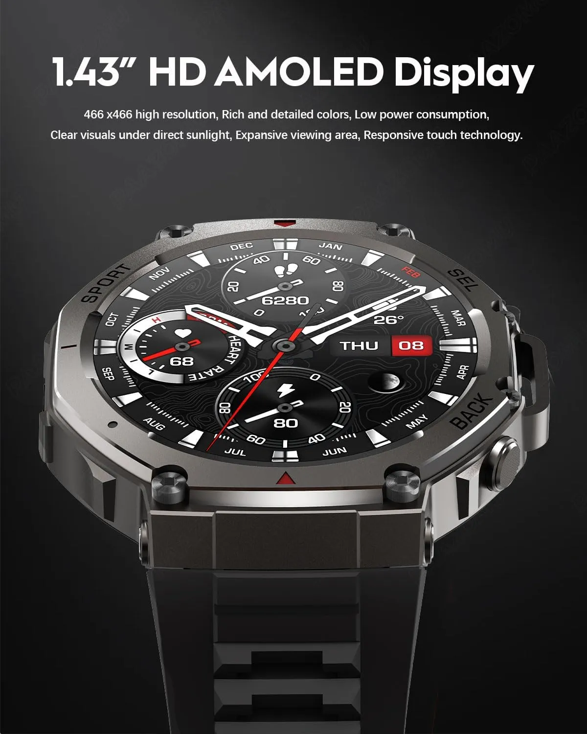 GPS Smartwatch – 50M Waterproof Outdoor Sports Watch with AMOLED Display, Heart Rate Monitor, 170  Sports Modes, Compass, 500mAh Battery (Black)