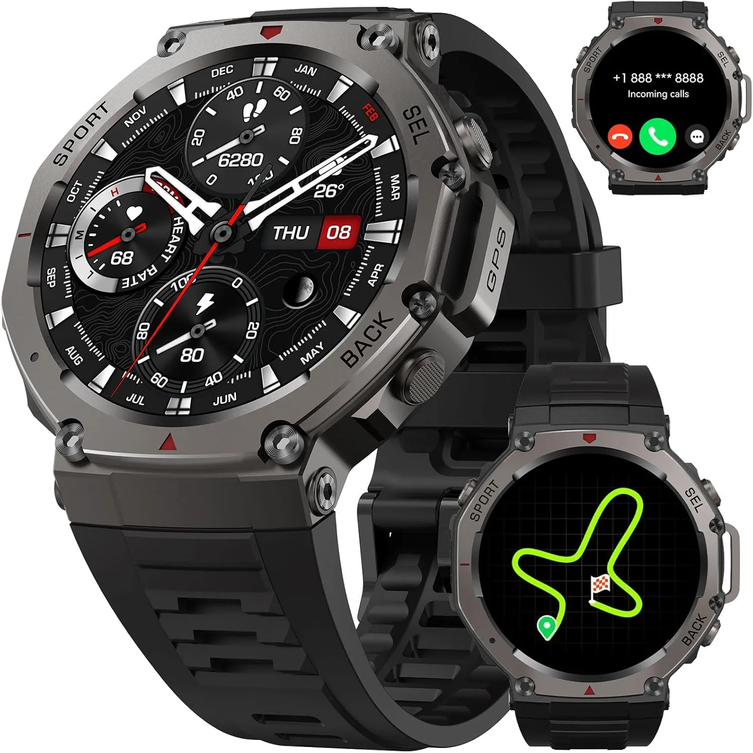 GPS Smartwatch – 50M Waterproof Outdoor Sports Watch with AMOLED Display, Heart Rate Monitor, 170  Sports Modes, Compass, 500mAh Battery (Black)