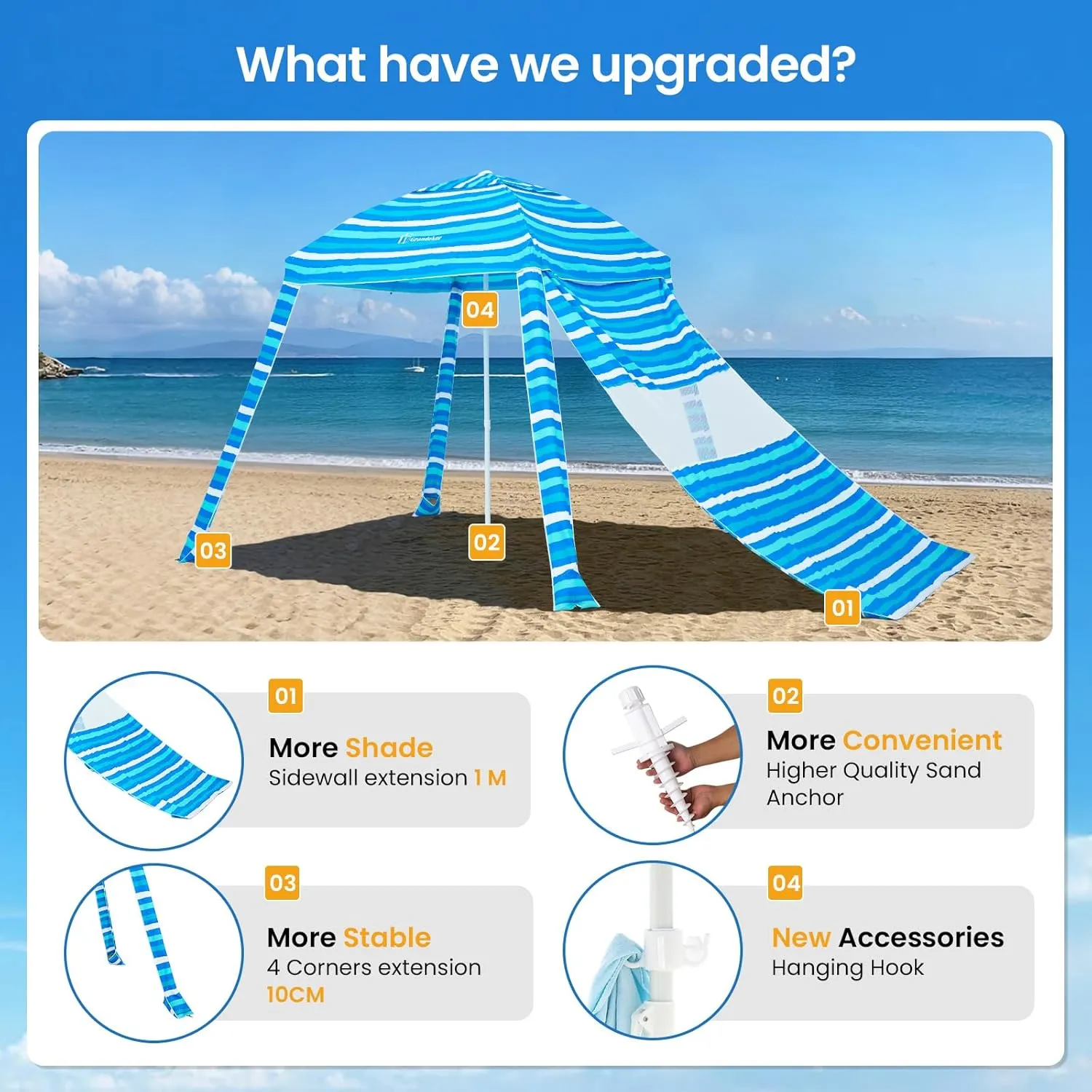 Grandekor 6'x6' UPF 50  Beach Cabana Canopy Tent Instant Setup Sun Shelter with Sidewalls Sand Anchors Hanging Hooks for Family Beach Trips Outdoor Shade Shelter with Windproof Sand Pockets