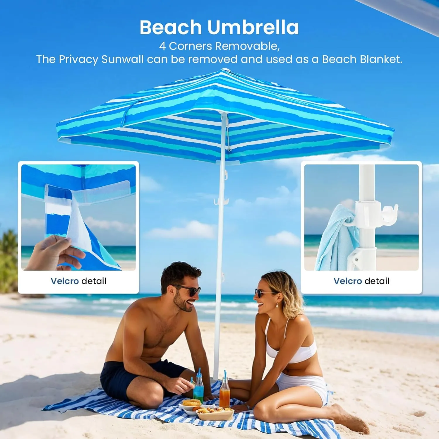 Grandekor 6'x6' UPF 50  Beach Cabana Canopy Tent Instant Setup Sun Shelter with Sidewalls Sand Anchors Hanging Hooks for Family Beach Trips Outdoor Shade Shelter with Windproof Sand Pockets