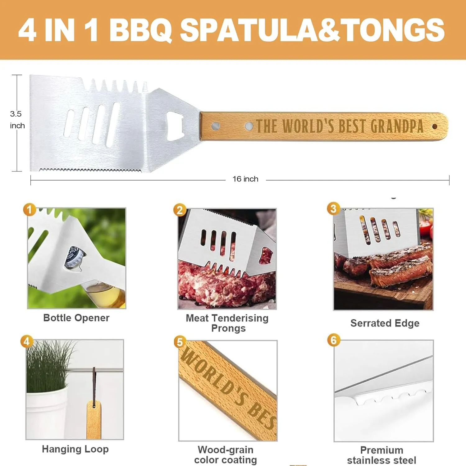 Grandpa Gifts from Grandkids, Fathers Day Grandpa Gift Heavy Duty Wooden BBQ Grilling Accessories Kit for Backyard, Thick Stainless Steel Grill Utensils with Non-Slip Handle Tools in Portable Bag