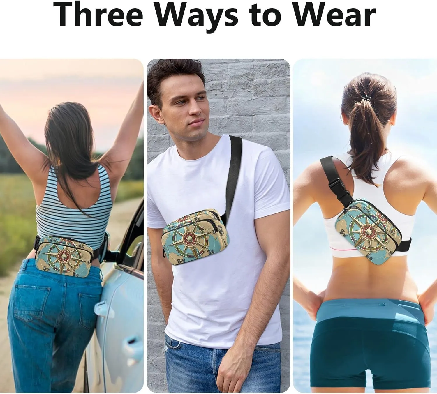 Grasses Classic Vintage Wind Compass Rose on Map Background Adjustable Belt Running Bag, Crossbody Fanny Pack Waist Runners Bag Tote for Women Men Sports Hiking Fitness Exercise Gym Pouch