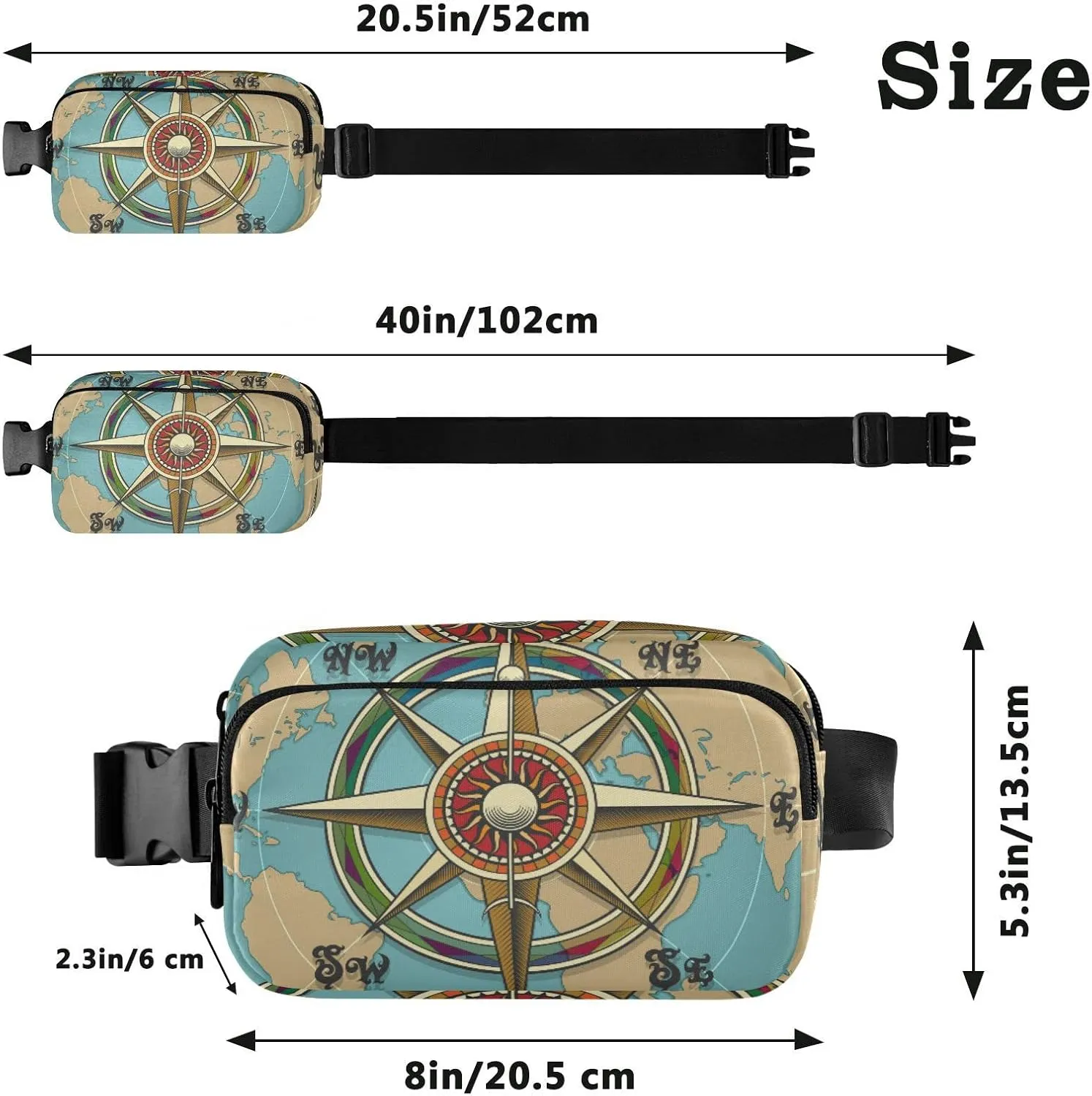 Grasses Classic Vintage Wind Compass Rose on Map Background Adjustable Belt Running Bag, Crossbody Fanny Pack Waist Runners Bag Tote for Women Men Sports Hiking Fitness Exercise Gym Pouch
