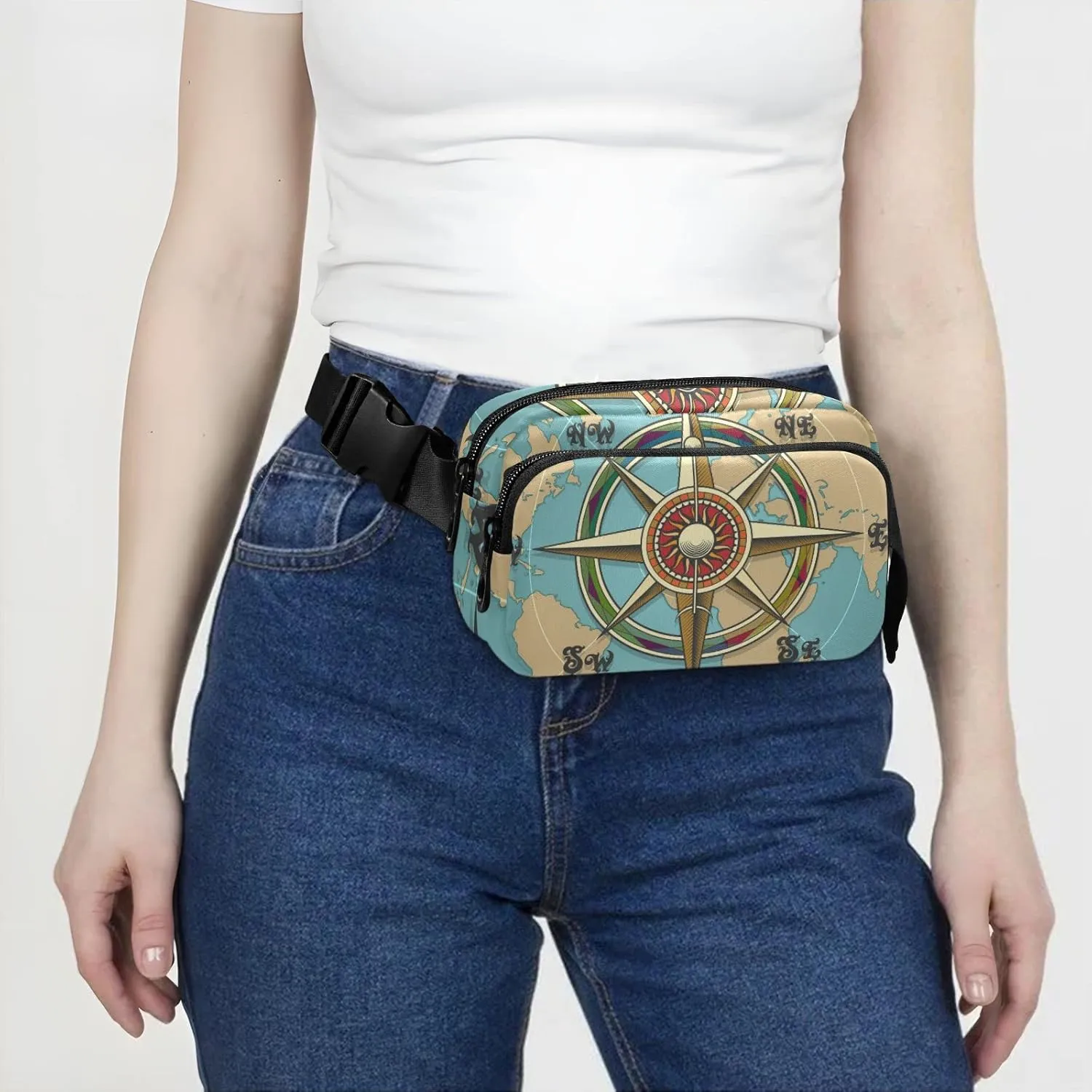 Grasses Classic Vintage Wind Compass Rose on Map Background Adjustable Belt Running Bag, Crossbody Fanny Pack Waist Runners Bag Tote for Women Men Sports Hiking Fitness Exercise Gym Pouch