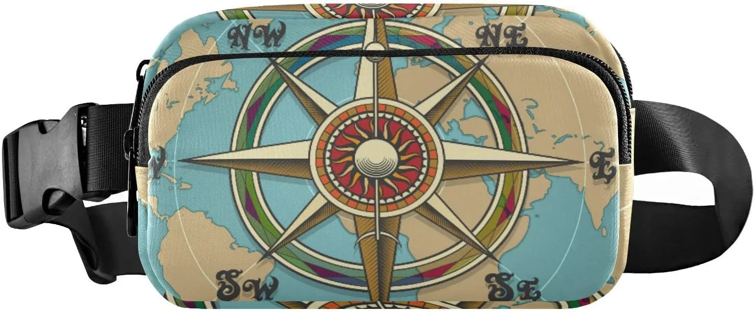 Grasses Classic Vintage Wind Compass Rose on Map Background Adjustable Belt Running Bag, Crossbody Fanny Pack Waist Runners Bag Tote for Women Men Sports Hiking Fitness Exercise Gym Pouch
