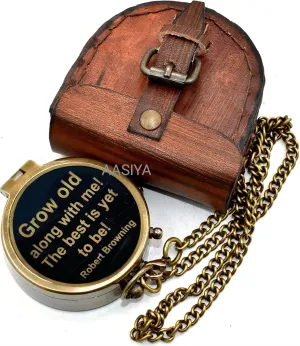 Grow Old Along with Me Quote- Robert Browning Antique Pocket Compass with Leather Case Camping Compass Hiking Compass Graduation Day Gift Birthday Gift Valentine Day Gift Christmas Day Gift