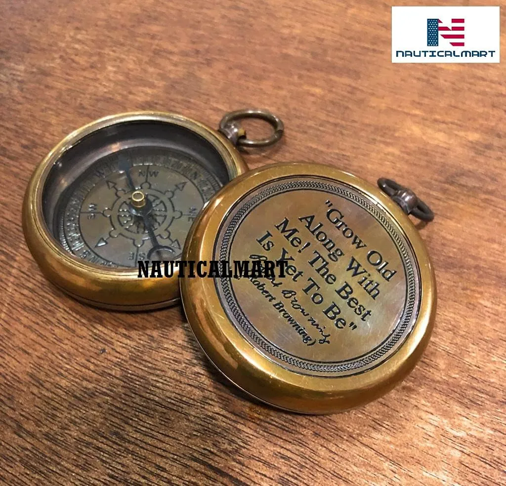 Grow Old with ME Engraved Brass Compass ON Chain Directional Magnetic Compass