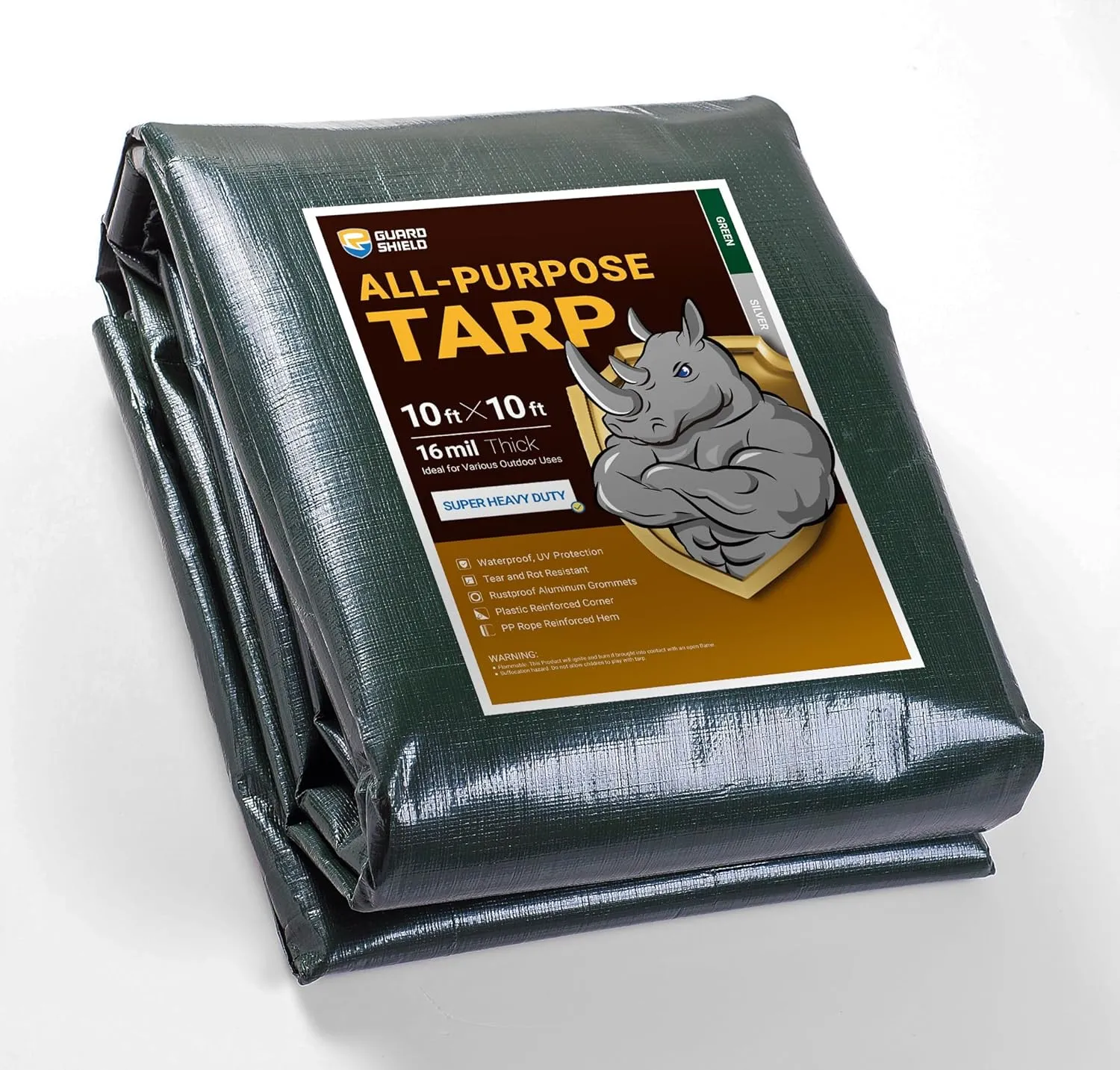 GUARD SHIELD Super Heavy Duty Green/Silver Poly Tarp Cover 10x10 Feet Waterproof 16mil Thick UV and Tear Resistant Tarpaulin with Grommets and Reinforced Edges