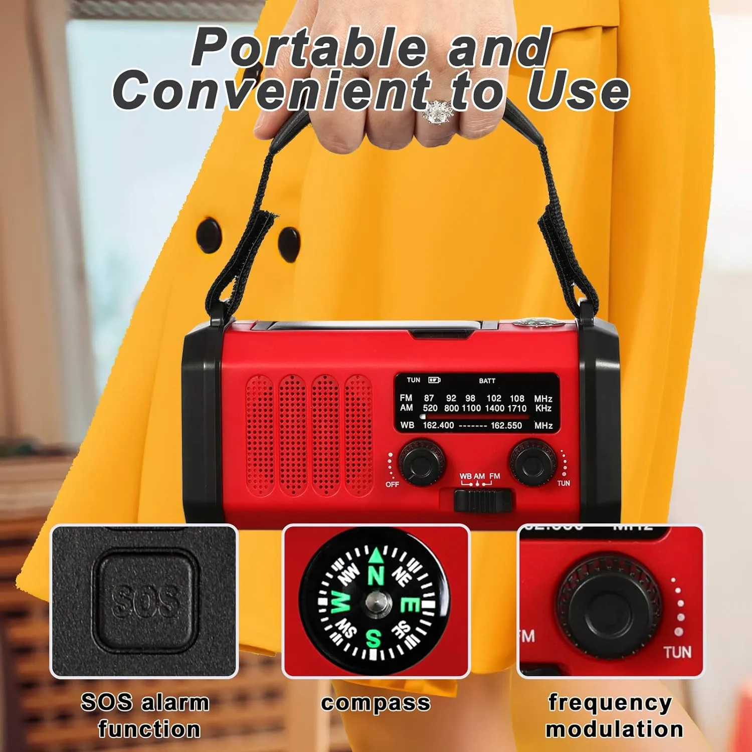 Hand Crank Emergency Radio, 10000mAh Solar Powered NOAA/AM/FM Weather Radio with Multi-Function LED Flashlight and Cell Phone Charger for Indoor/Outdoor Emergencies