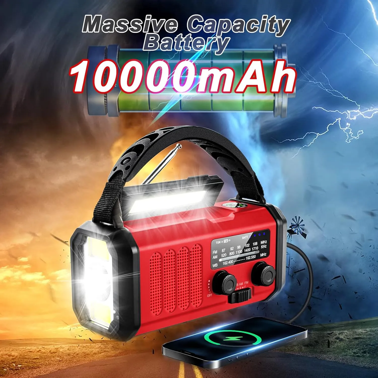 Hand Crank Emergency Radio, 10000mAh Solar Powered NOAA/AM/FM Weather Radio with Multi-Function LED Flashlight and Cell Phone Charger for Indoor/Outdoor Emergencies