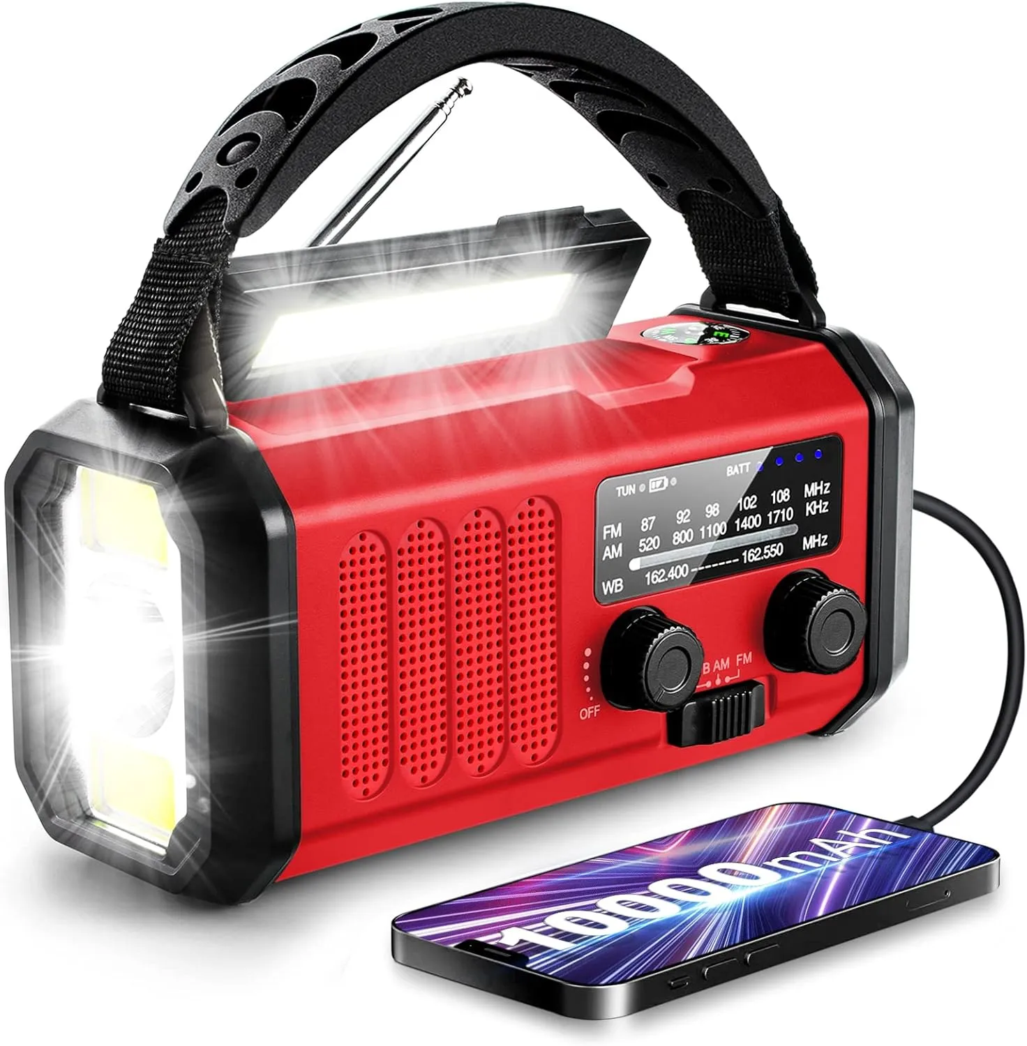 Hand Crank Emergency Radio, 10000mAh Solar Powered NOAA/AM/FM Weather Radio with Multi-Function LED Flashlight and Cell Phone Charger for Indoor/Outdoor Emergencies