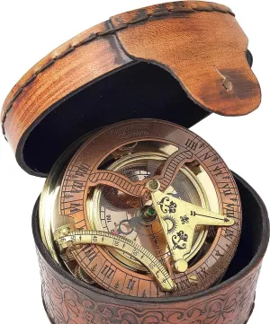 Handcrafted Antique Sundial Compass Brass Pocket Navigational Tool Compass with Leather Case for Camping & Hiking Use