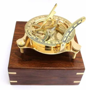 Handicrafted Brass Sundial Compass with Wooden Box Nautical Map Reader 5" Compass for Travelling Camping Hiking Navigation Tool