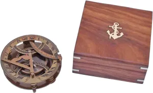 Handmade 3 Inch Antique Brass Sundial Compass – Round Design with Wooden Box, Vintage Nautical Decor